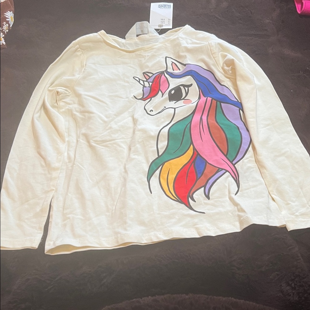 H&M Cream Long Sleeve Tee with Colorful Unicorn